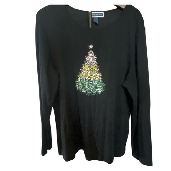 Karen Scott Black Long Sleeve Top With Rhinestone Christmas Tree Design Size XL - Picture 3 of 8